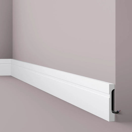 FD11 2M WALLSTYL SKIRTING BOARD - Skirtings with cable channel corner detail on a light-colored wall| DecorMania UK