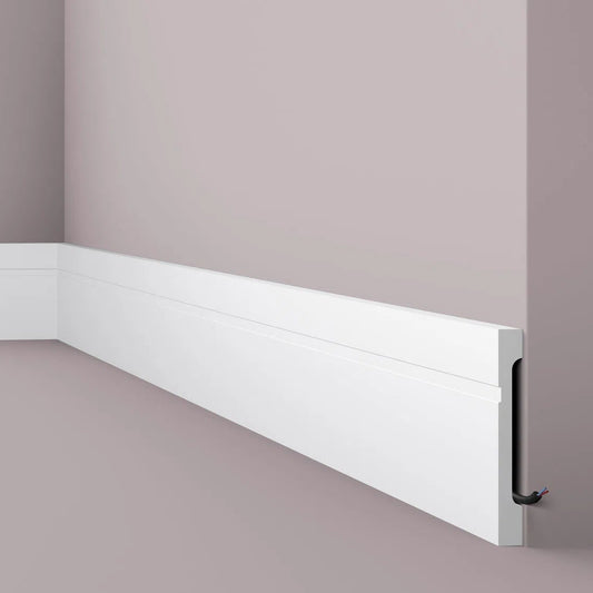 FD15 2M WALLSTYL SKIRTING BOARD with cable channel corner detail on a light-colored wall| DecorMania UK