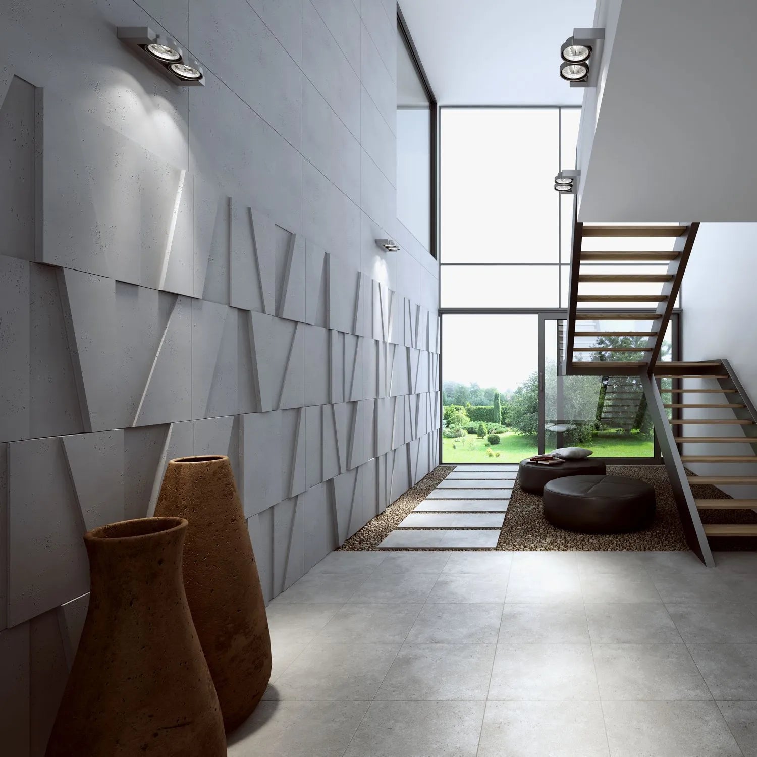 3D Concrete Wall Panels BOOKCASE feature wall in modern hallway interior Decormania UK