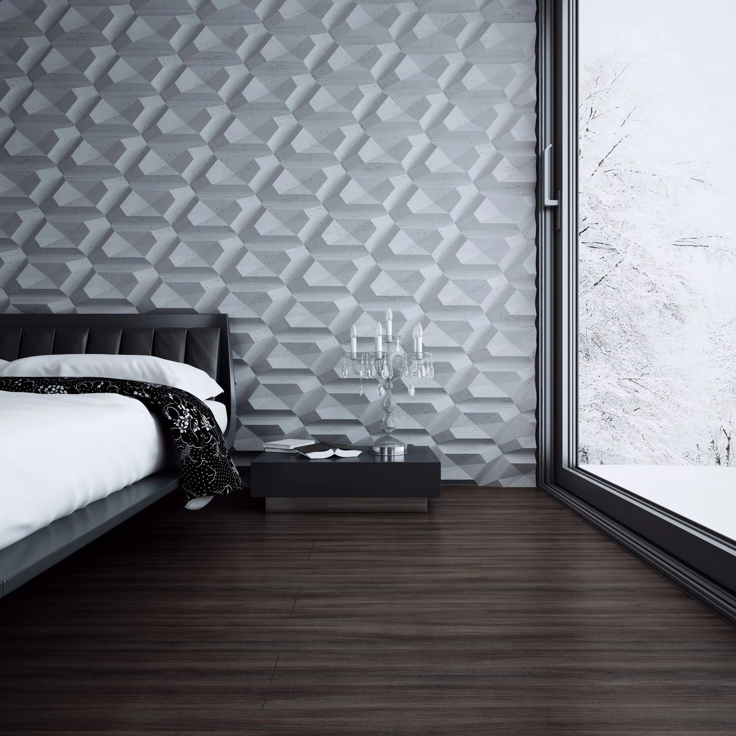 3D Concrete Wall Panels TICTAC feature wall in bedroom interior Decormania UK