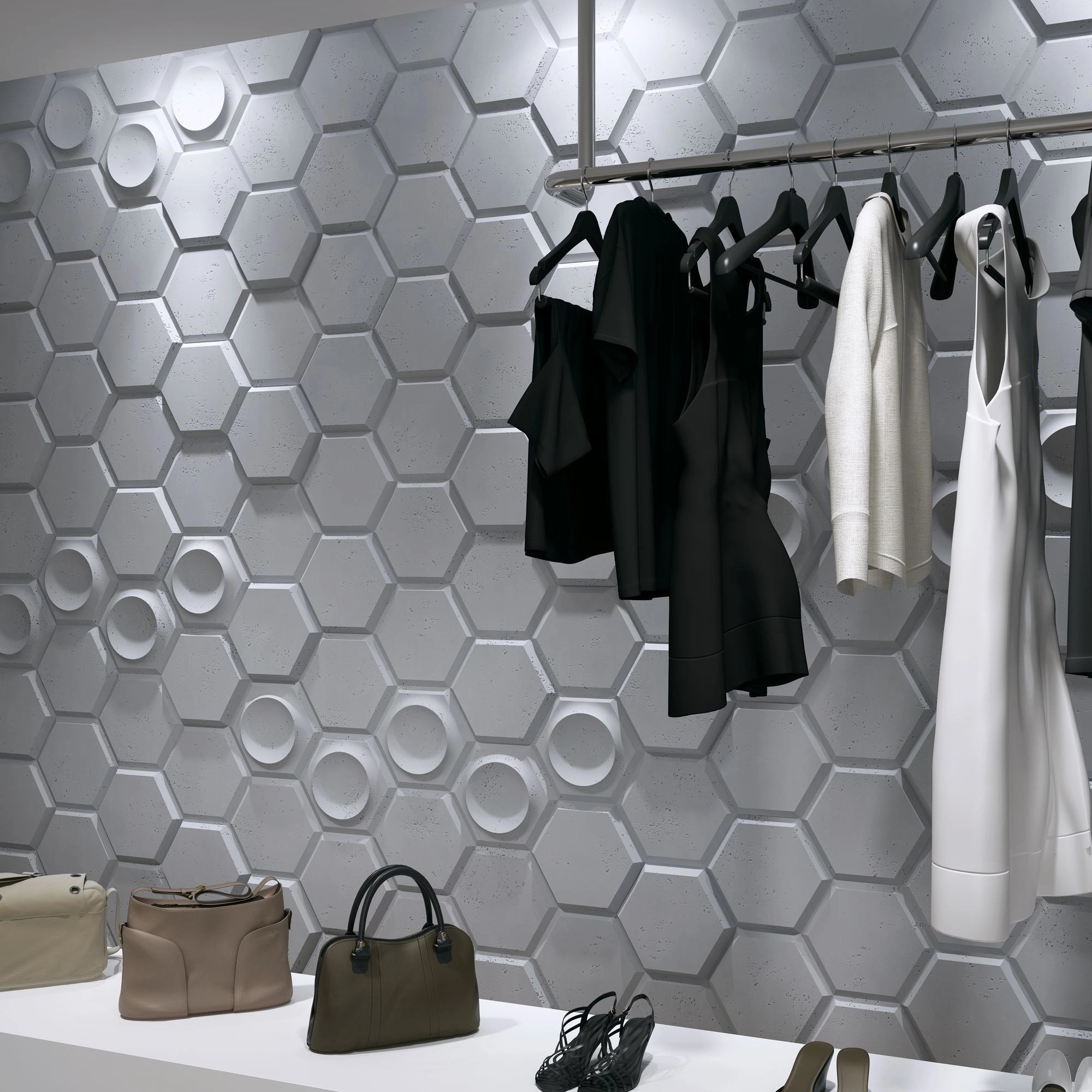 3D Concrete Wall Panels HEXAGON feature wall in walk-in wardrobe Decormania UK