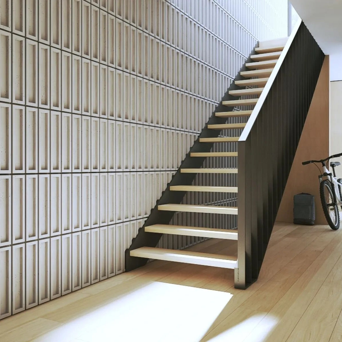 3D Concrete Wall Panels in hallway interior near the staircase BLOCKS Decormania UK