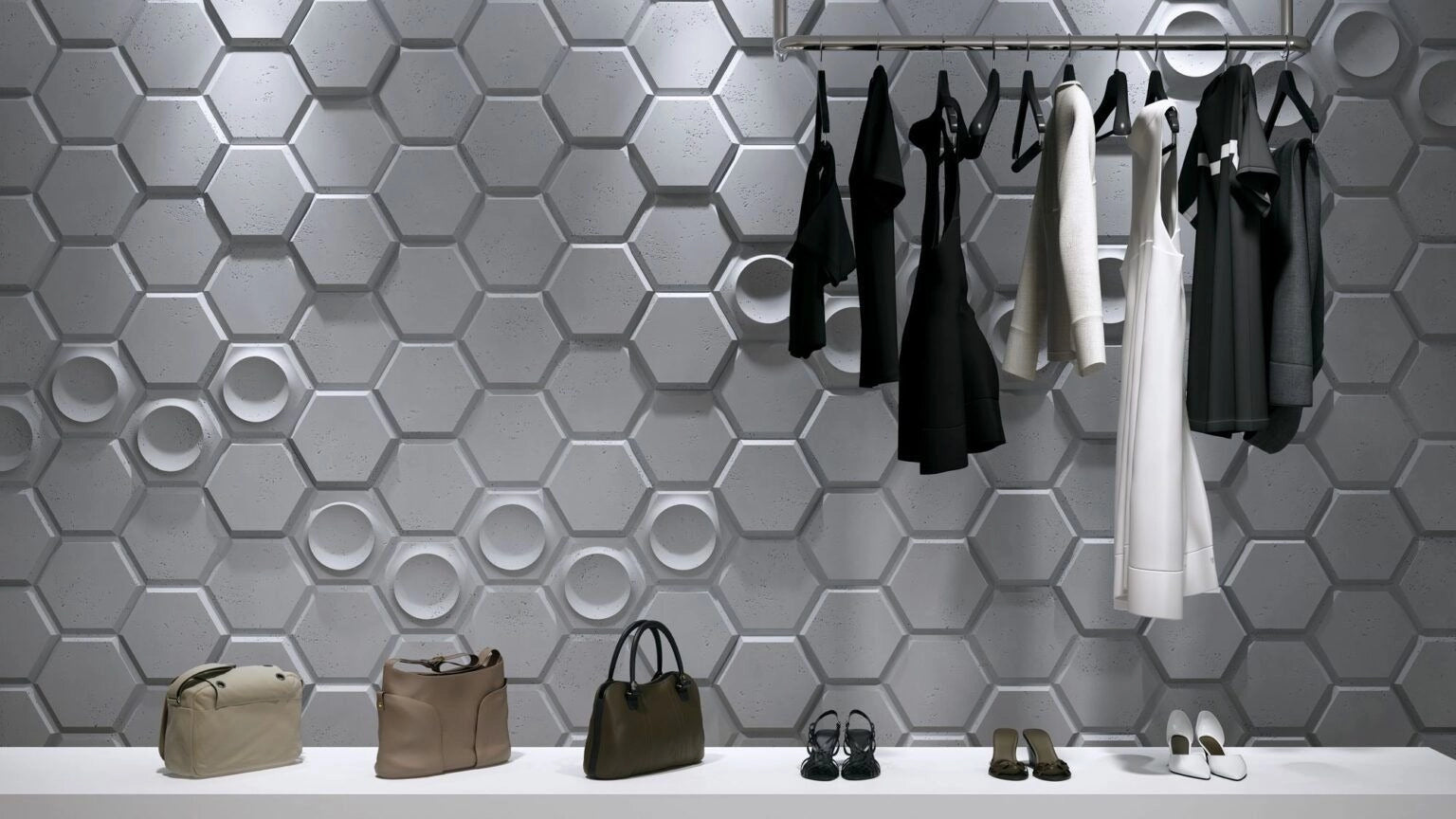 3D Concrete Wall Panels HEXAGON feature wall in walk-in closet interior Decormania UK