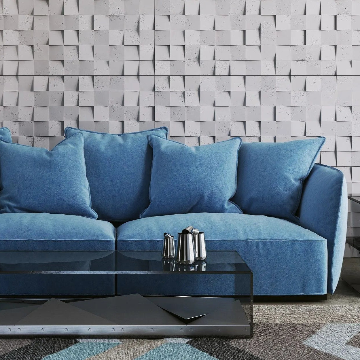 3D Concrete Wall Panels MULTISQUARES feature wall in living room interior Decormania UK