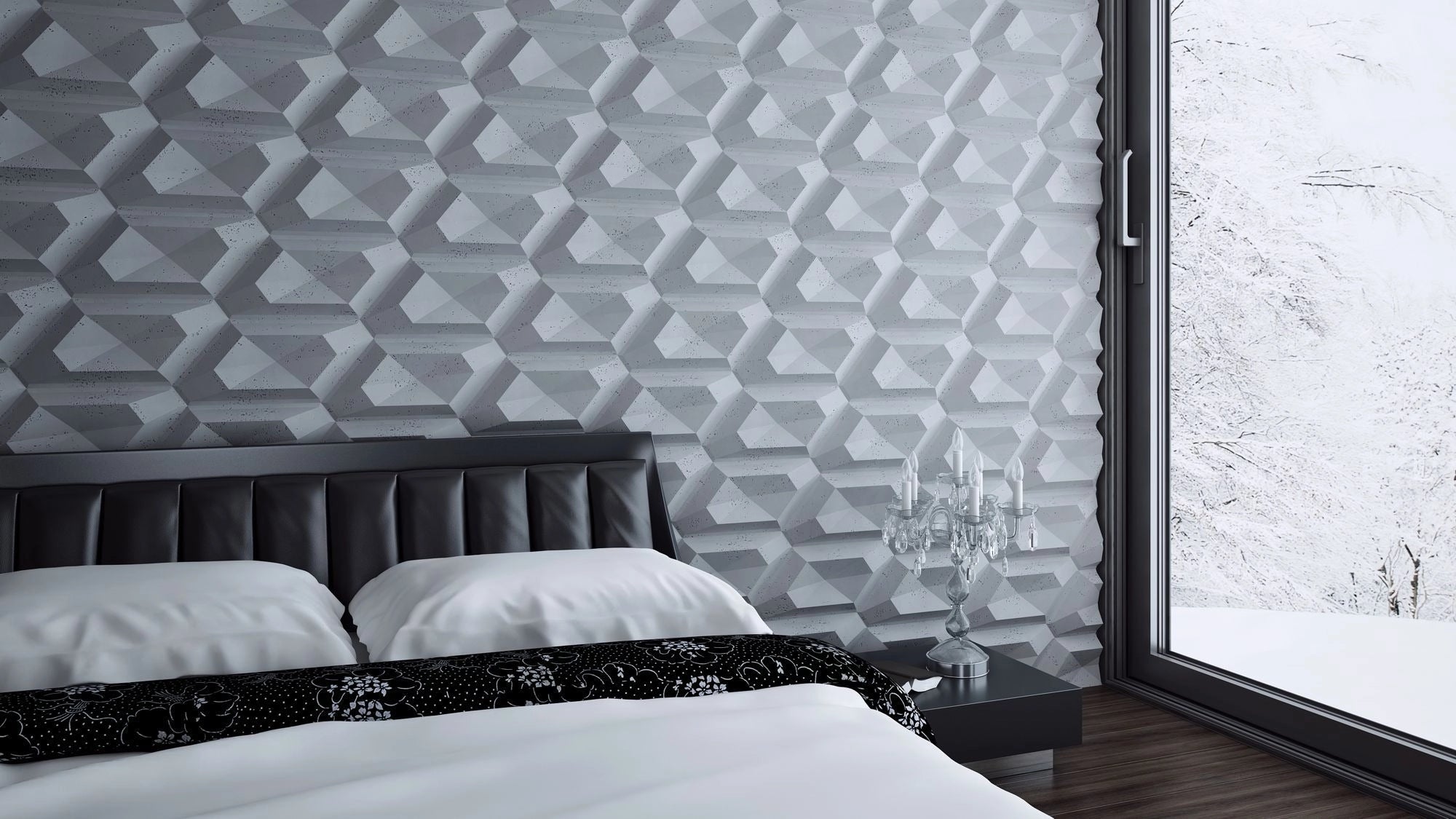 3D Concrete Wall Panels TICTAC feature wall in bedroom interior Decormania UK