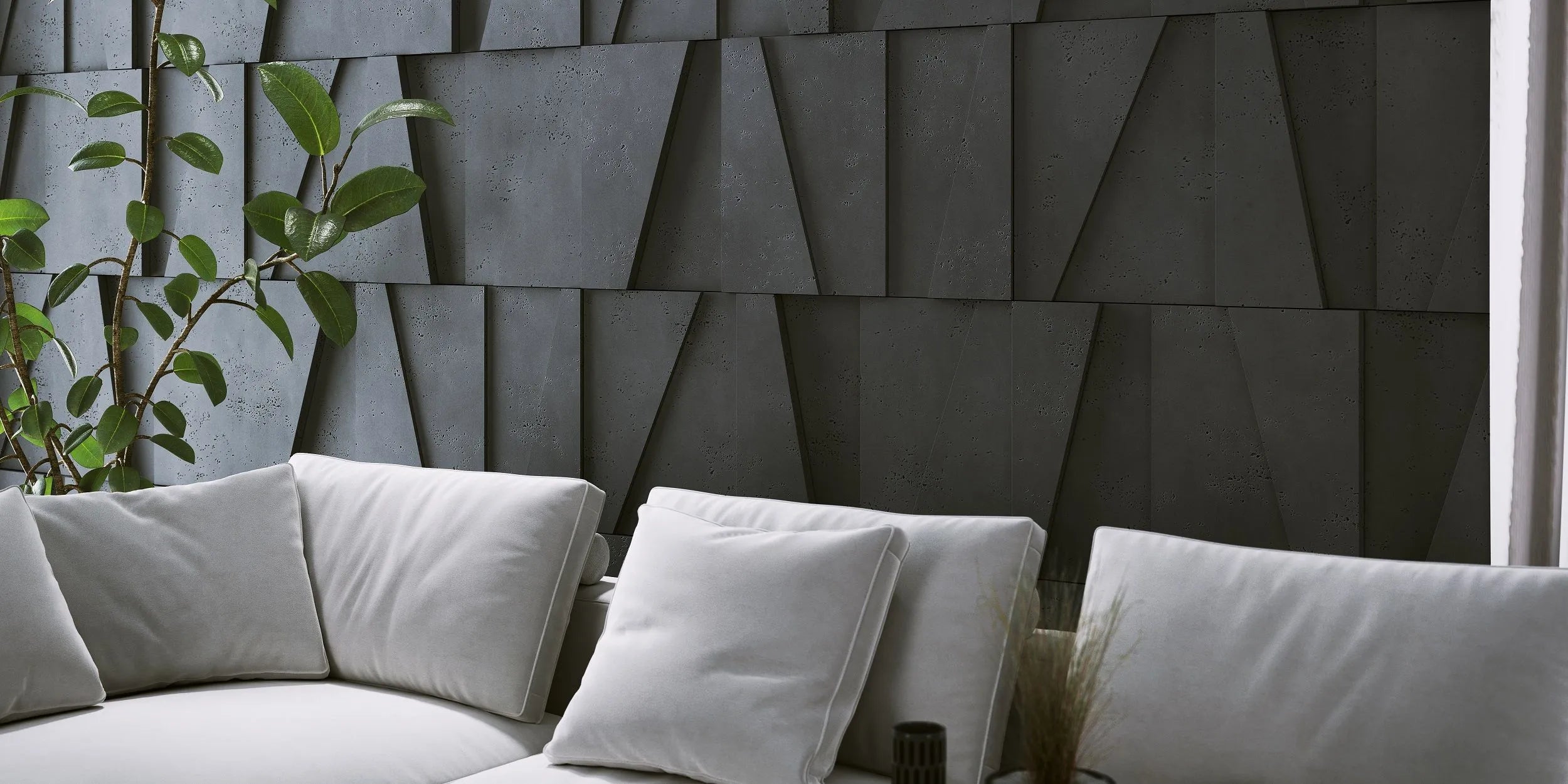 3D Concrete Wall Panels BOOKCASE feature wall in living room interior Decormania UK