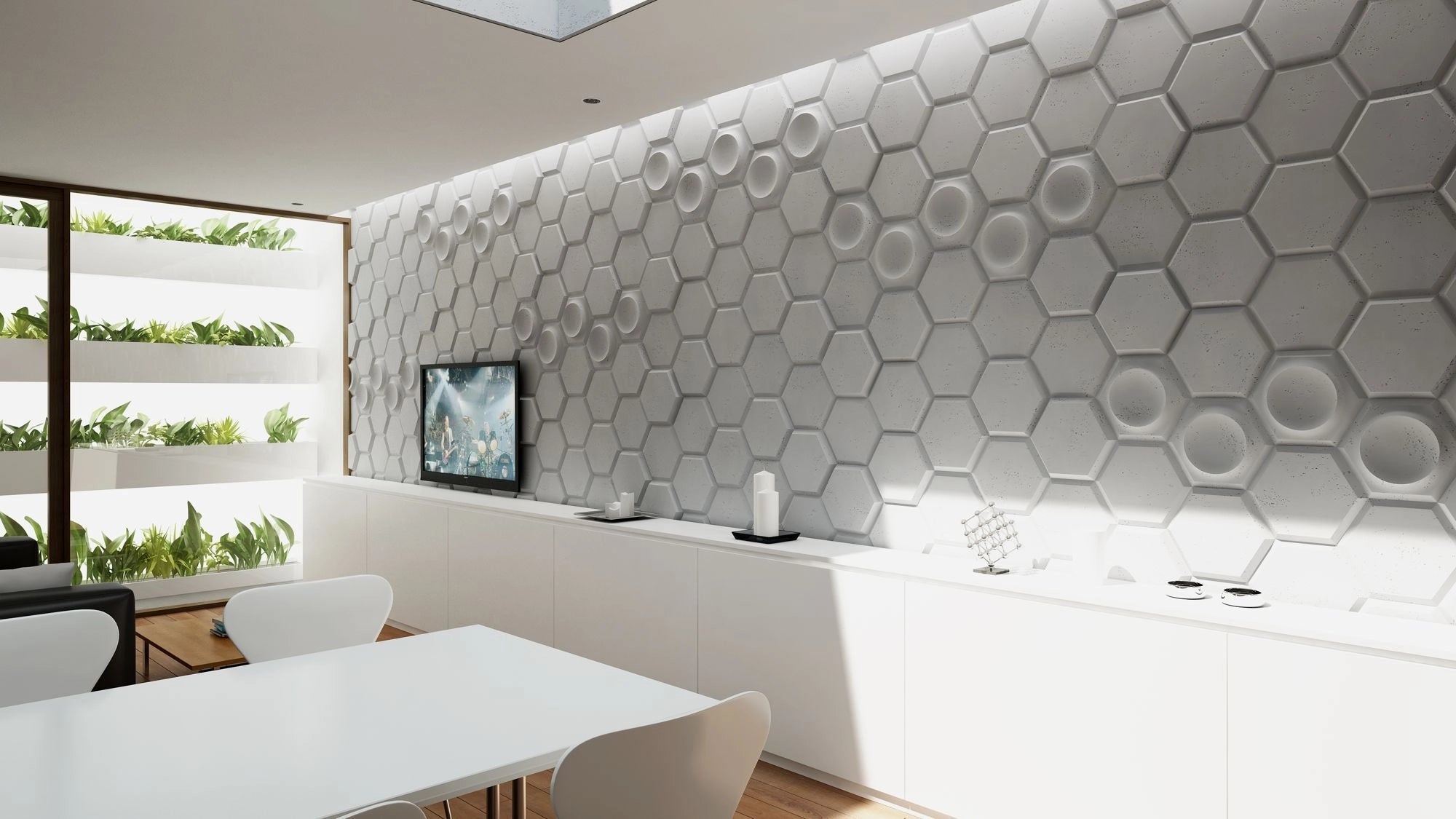 3D Concrete Wall Panels HEXAGON feature wall in open space interior Decormania UK