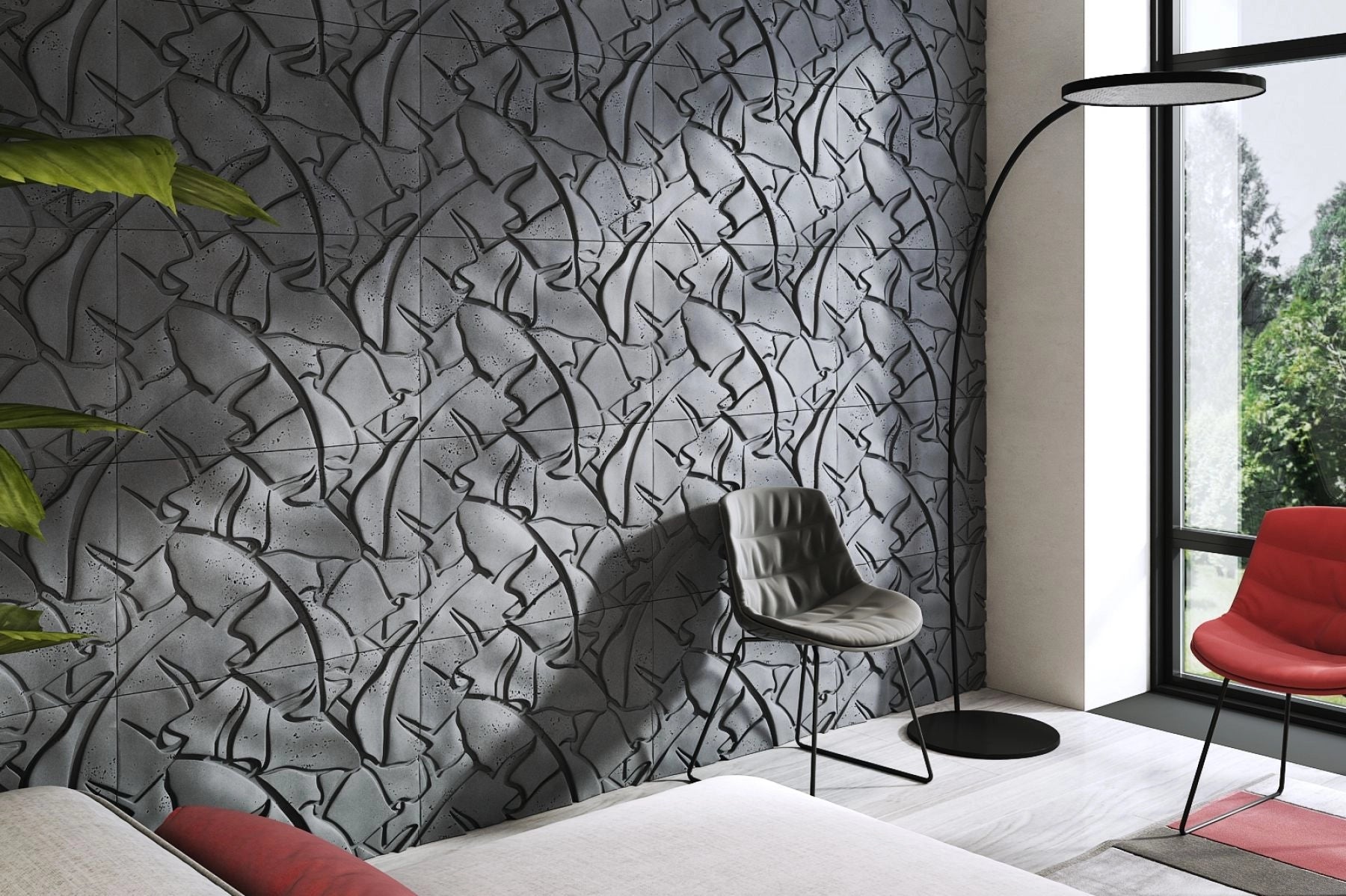 3D Concrete Wall Panels LEAF feature wall in living room interior Decormania UK