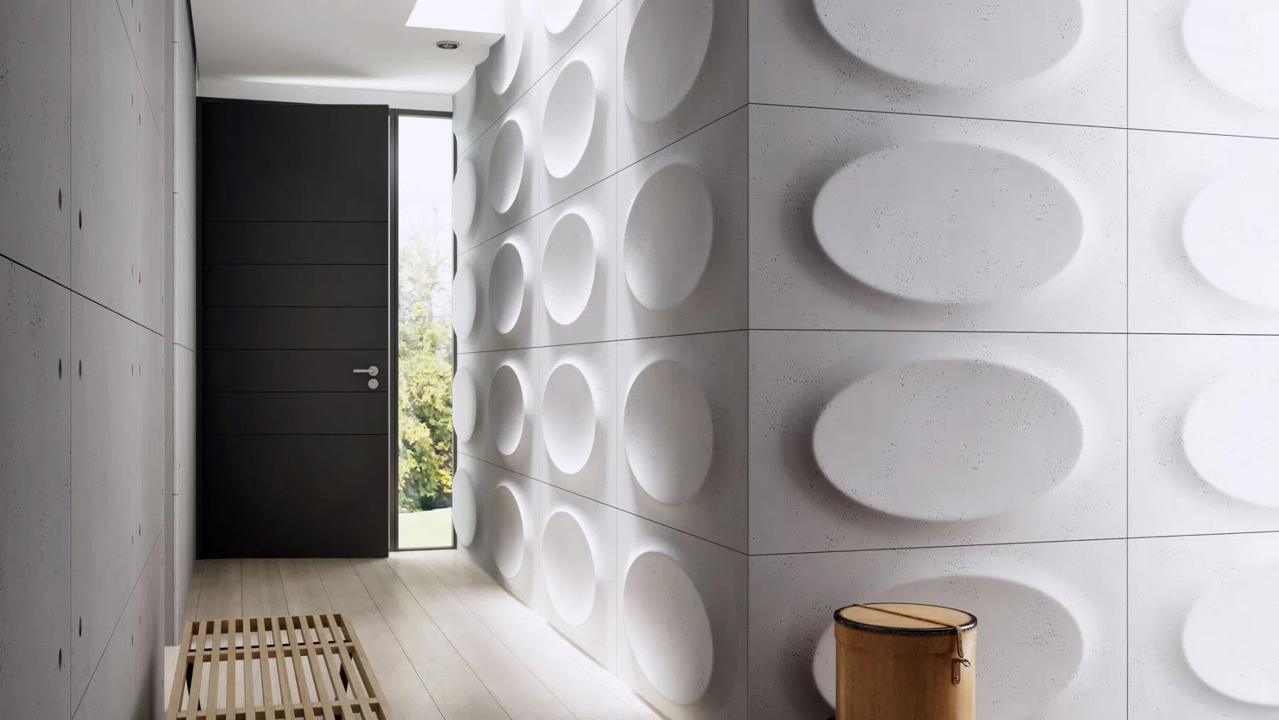 3D Concrete Wall Panels OVAL in a modern hallway | DecorMania UK