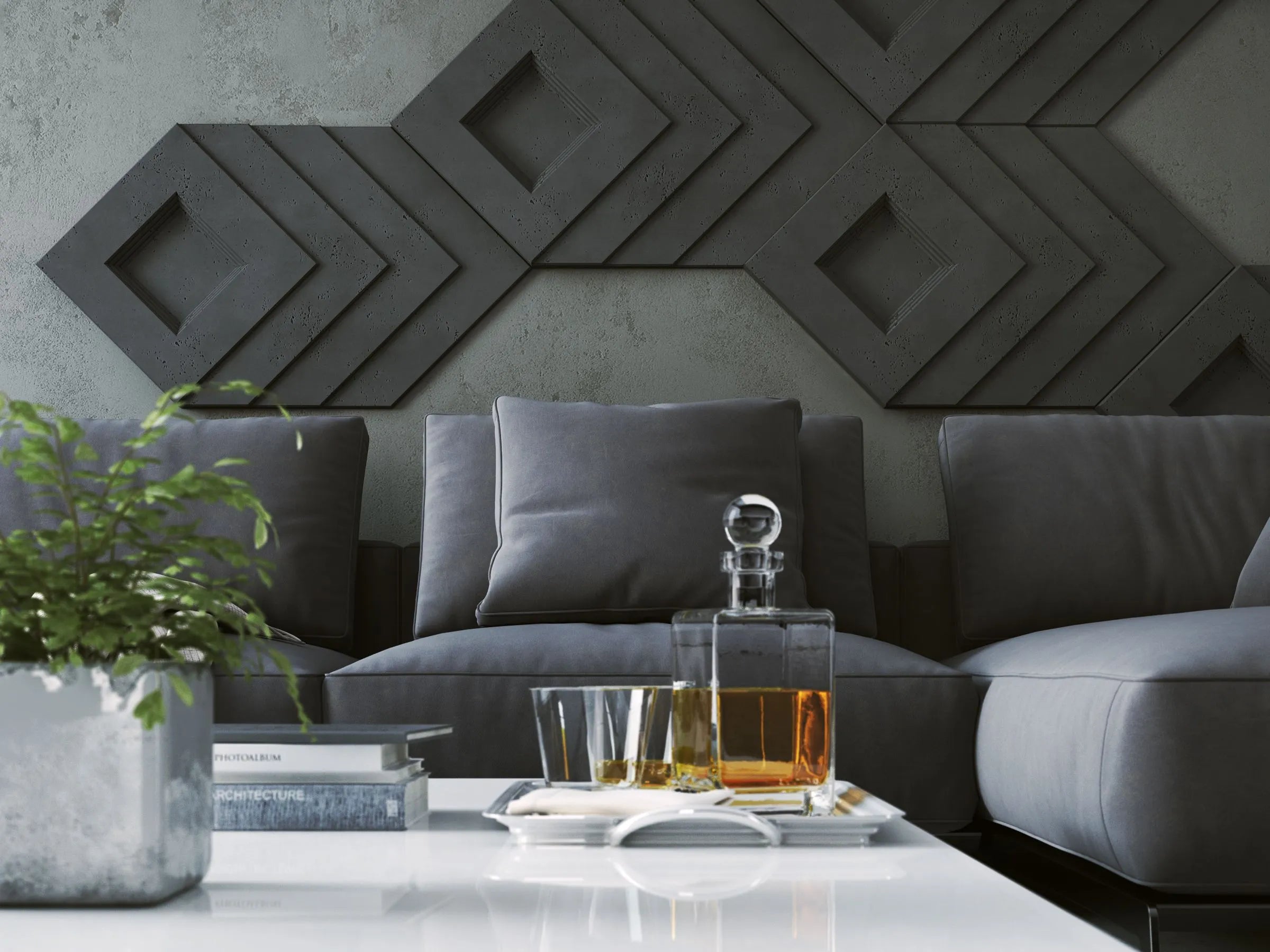 3D Concrete Wall Panels SHADOW feature wall in living room interior Decormania UK