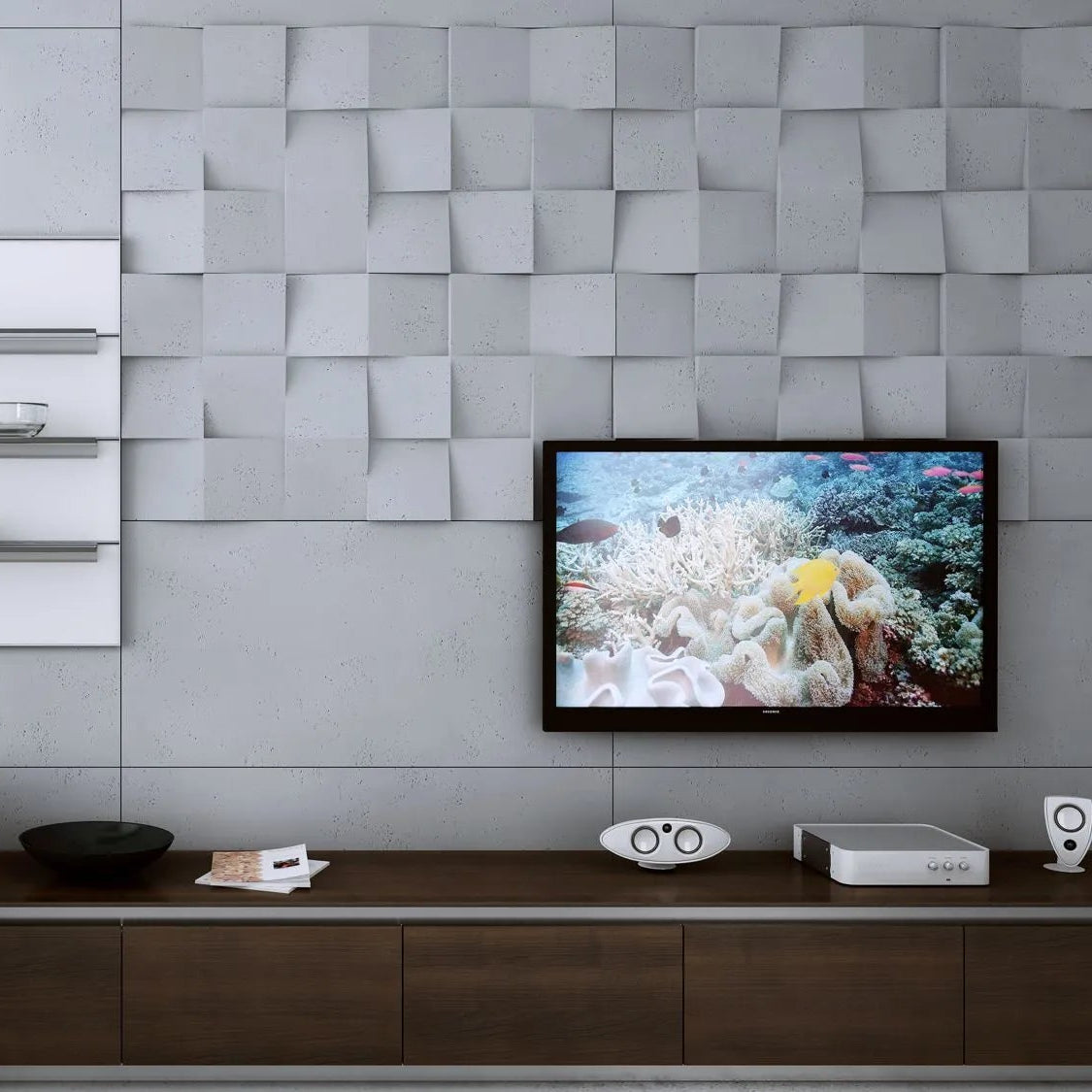 3D Concrete Wall Panels SQUARES feature wall in living room interior Decormania UK 