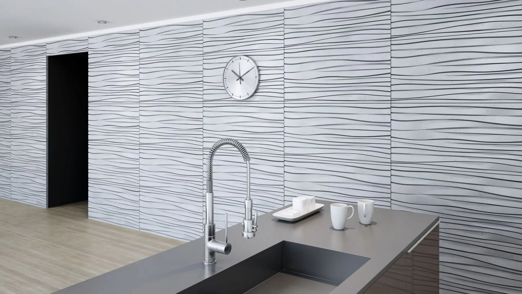3D Concrete Wall Panels WAVES in a modern kitchen | DecorMania UK