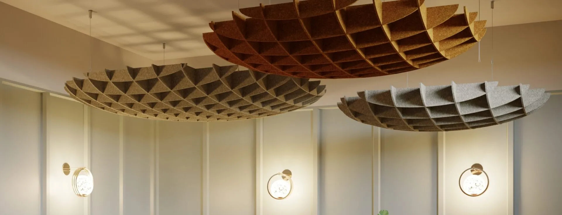 3D Felt Acoustic Ceiling Baffles - CIRCLE in cream interior Decormania UK