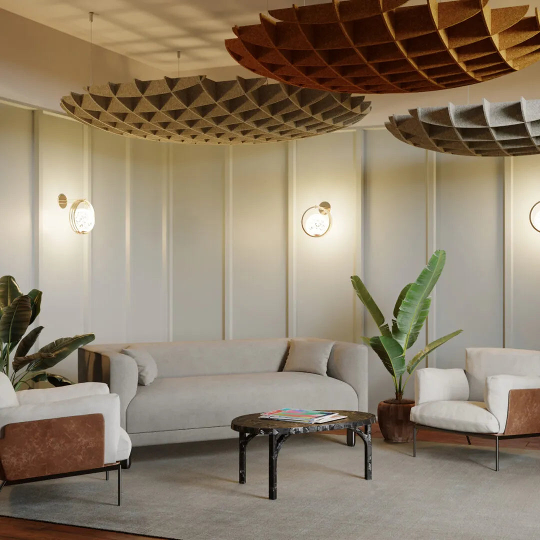 3D Felt Acoustic Ceiling Baffles - CIRCLE in cream living room interior Decormania UK