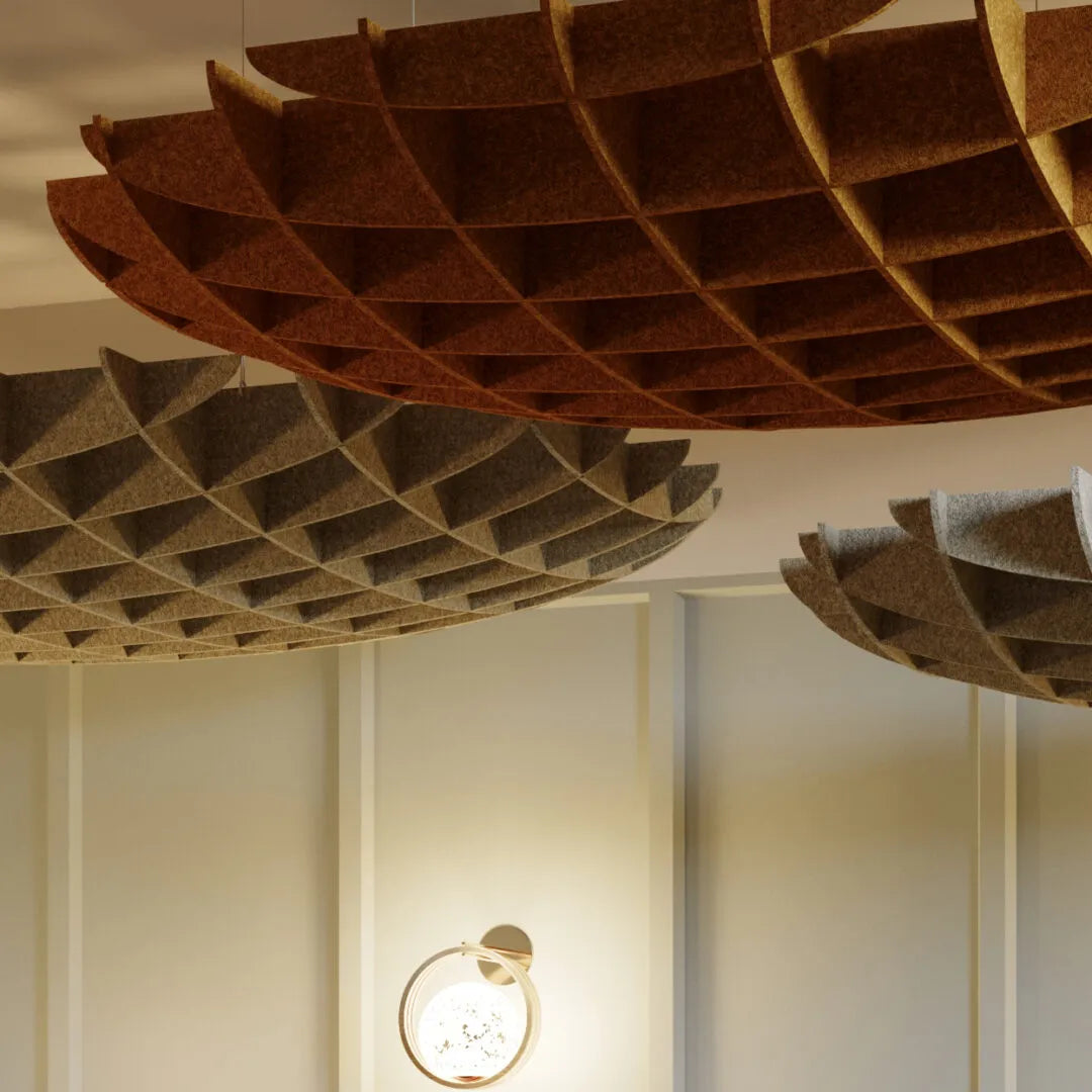 3D Felt Acoustic Ceiling Baffles - CIRCLE in cream interior Decormania UK