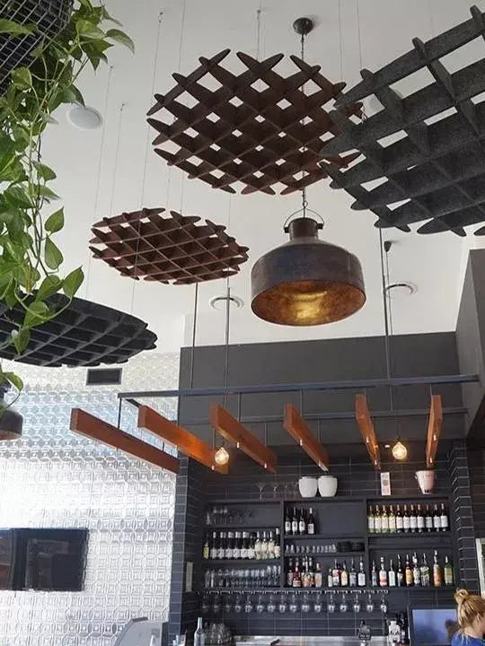 3D Felt Acoustic Ceiling Baffles - CIRCLE in restaurant interior Decormania UK