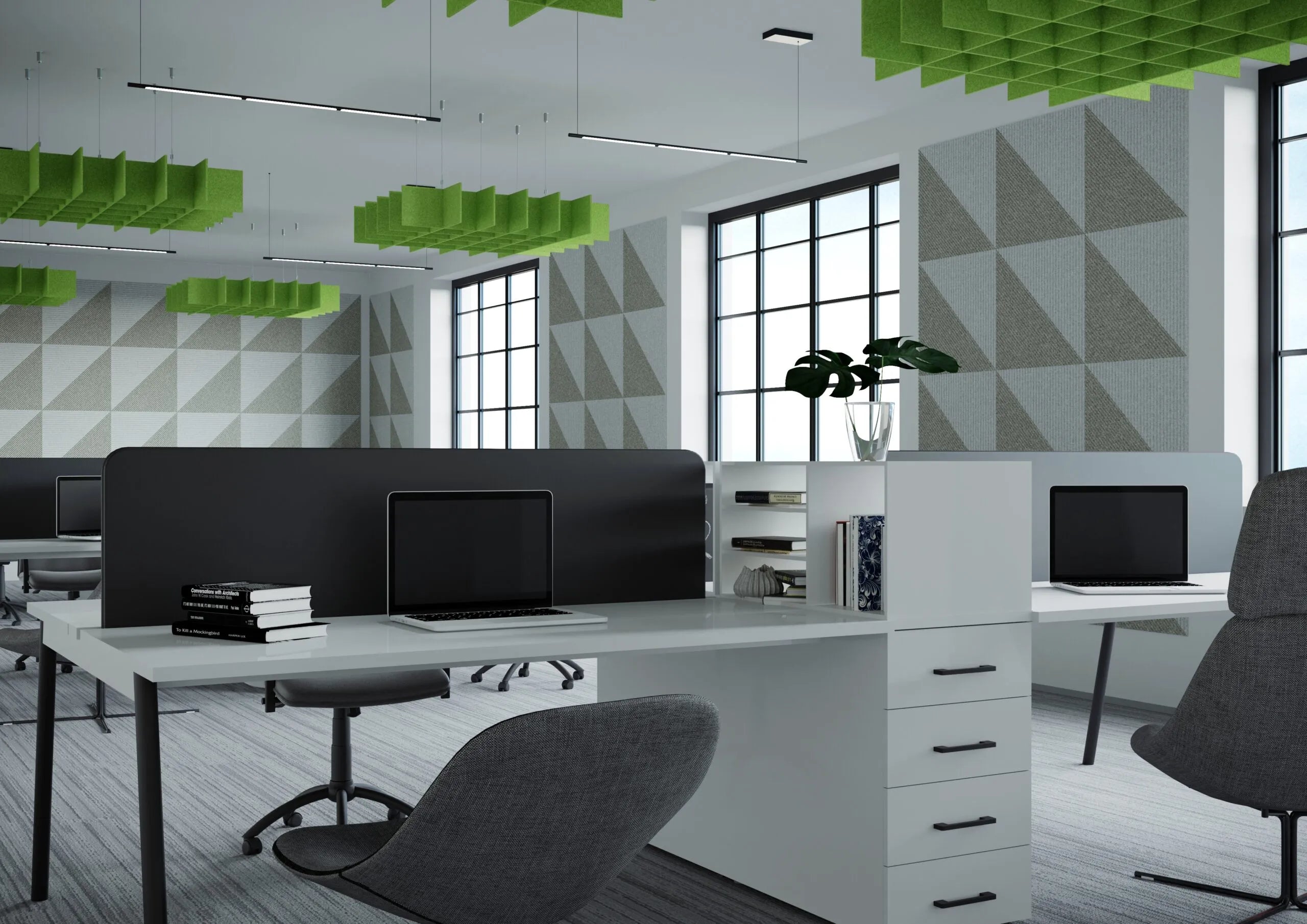 3D Felt Acoustic Ceiling Baffles - SQUARE in white office interior Decormania UK