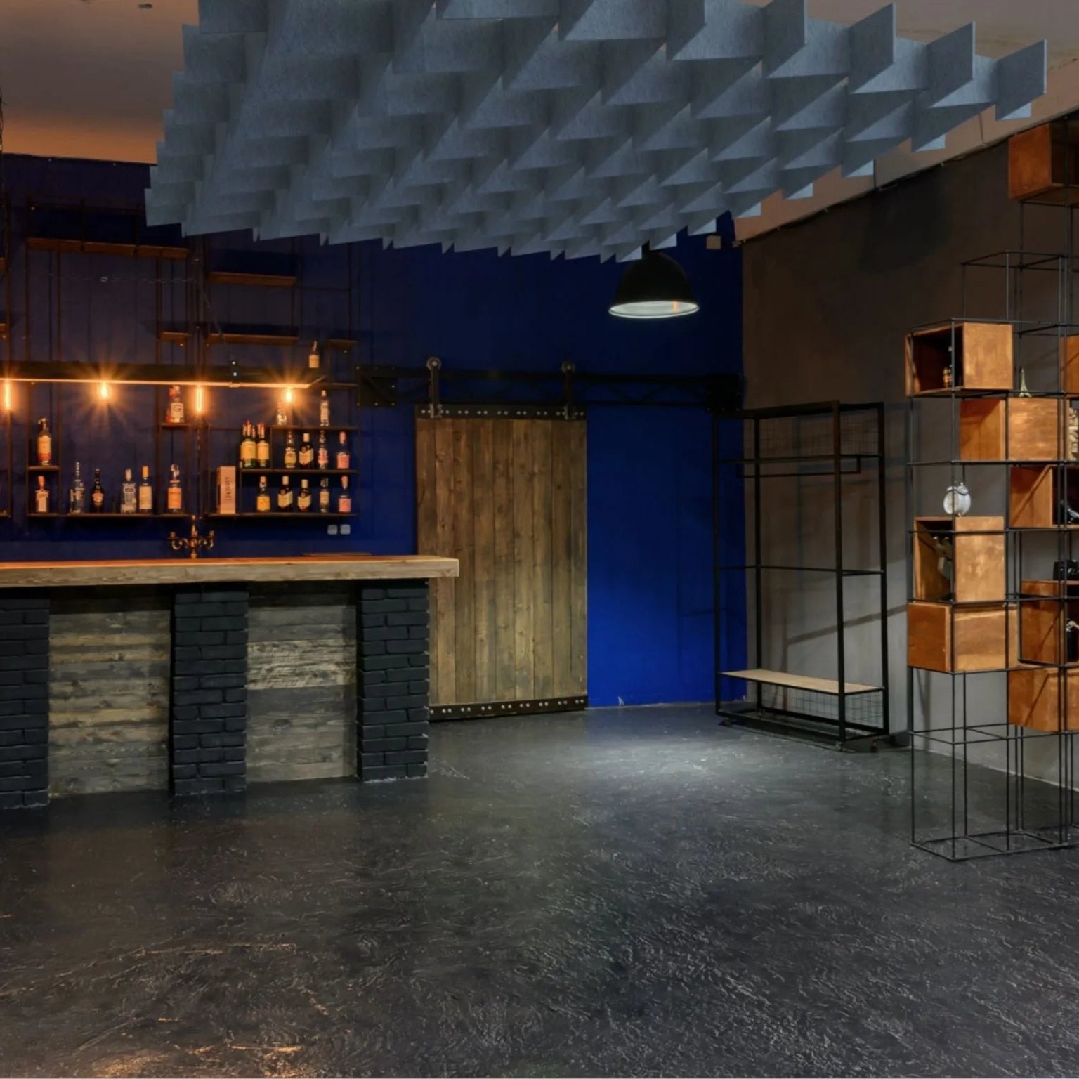 3D Felt Acoustic Ceiling Baffles - SQUARE in restaurant interior Decormania UK