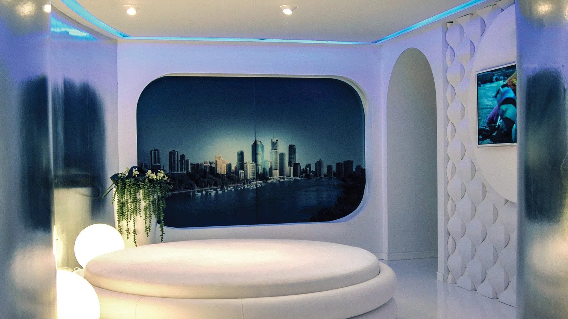 3D Gypsum Wall Panels - RAINDROP - Gypsum panels with a sculptural droplet-shaped pattern used as a decorative accent in a futuristic bedroom interior | DecorMania UK