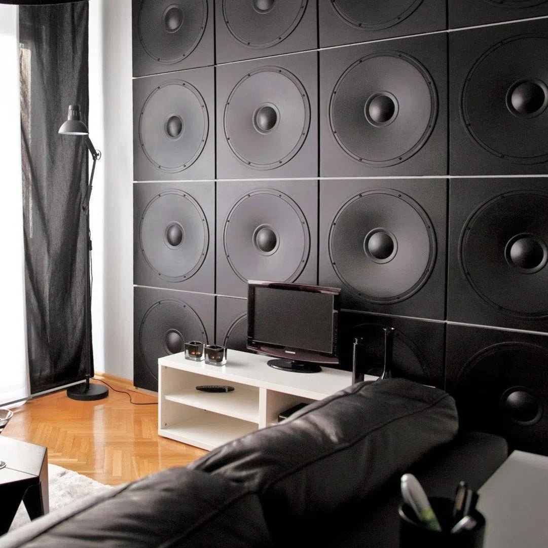 3D Gypsum Wall Panels - SPEAKER - Gypsum panels with a speaker-inspired design used as a bold feature wall in a modern living room | DecorMania UK