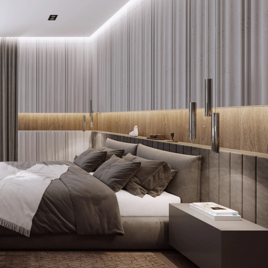 3D Concrete Wall Panels CURTAINS in modern bedroom interior DecorMania UK