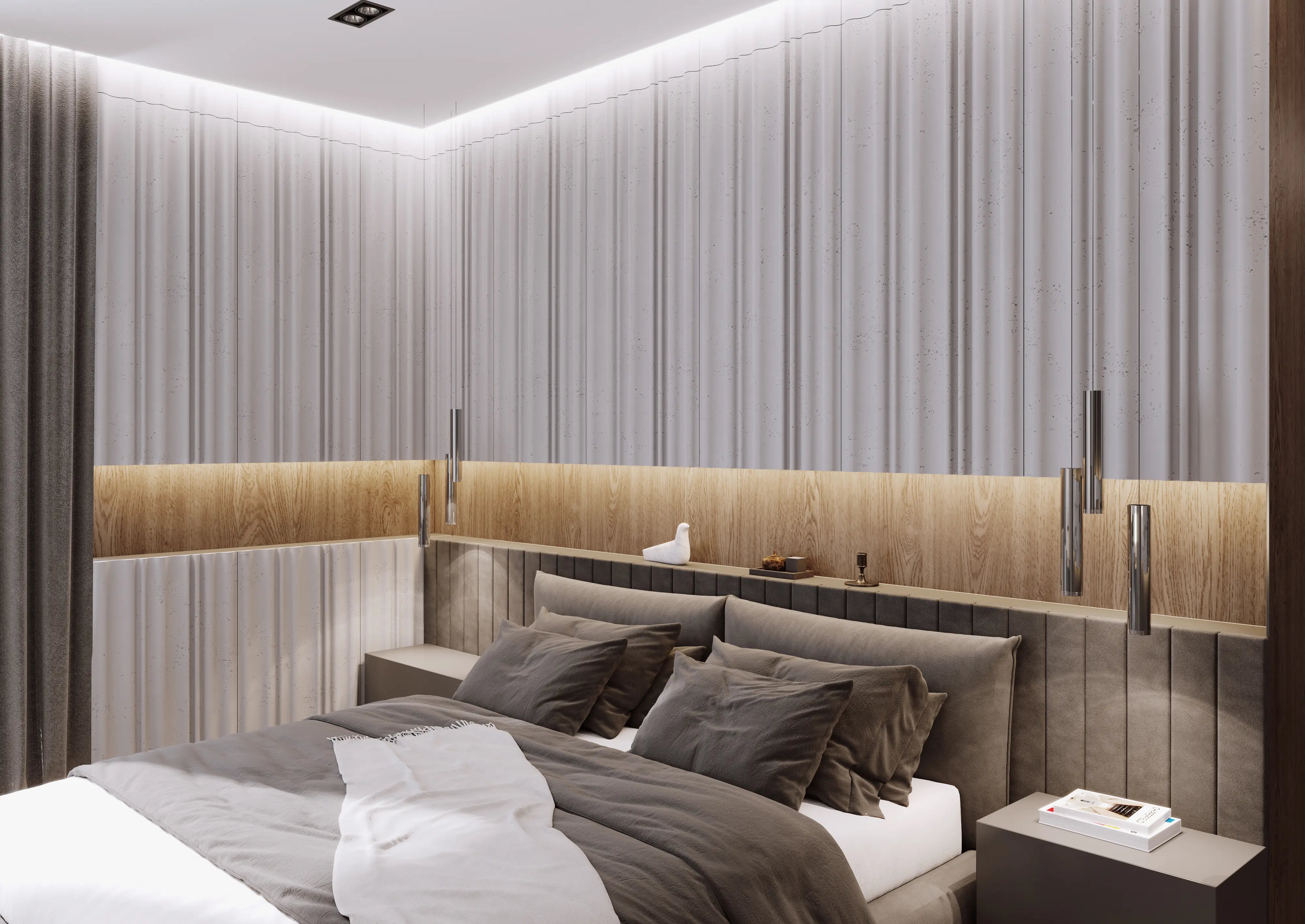 3D Concrete Wall Panels CURTAINS in bedroom interior DecorMania UK