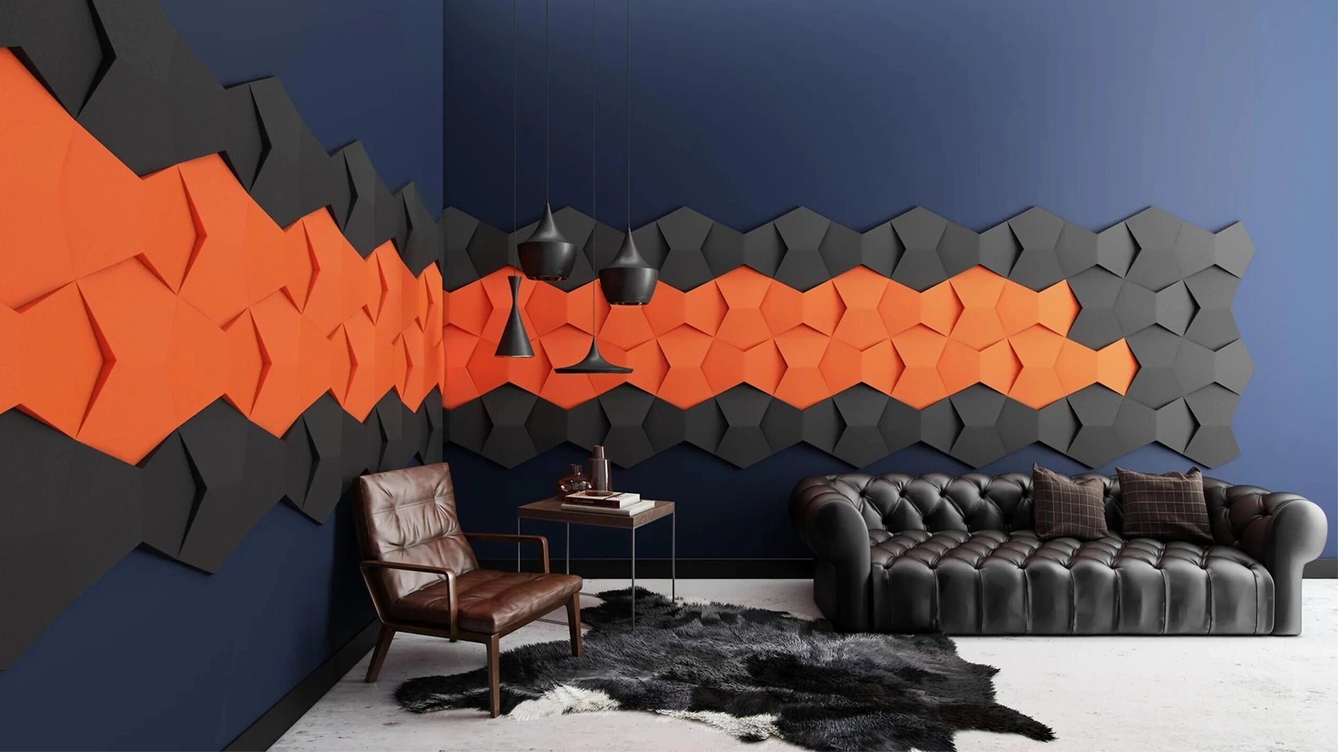 3D Soft Acoustic Wall Panels in dark blue interior with leather furniture Decormania