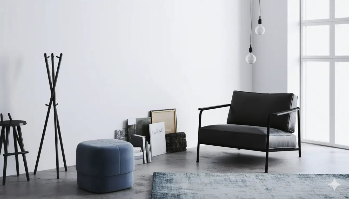 3D concrete wall panels Modern living room with a black armchair, blue ottoman, and coat rack.