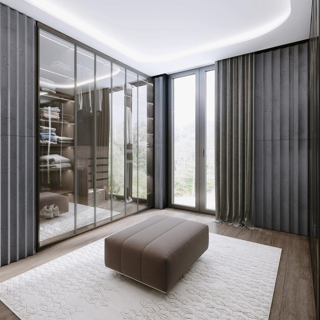 3D Concrete Wall Panels GROOVER in walk-in wardrobe interior Decormania UK