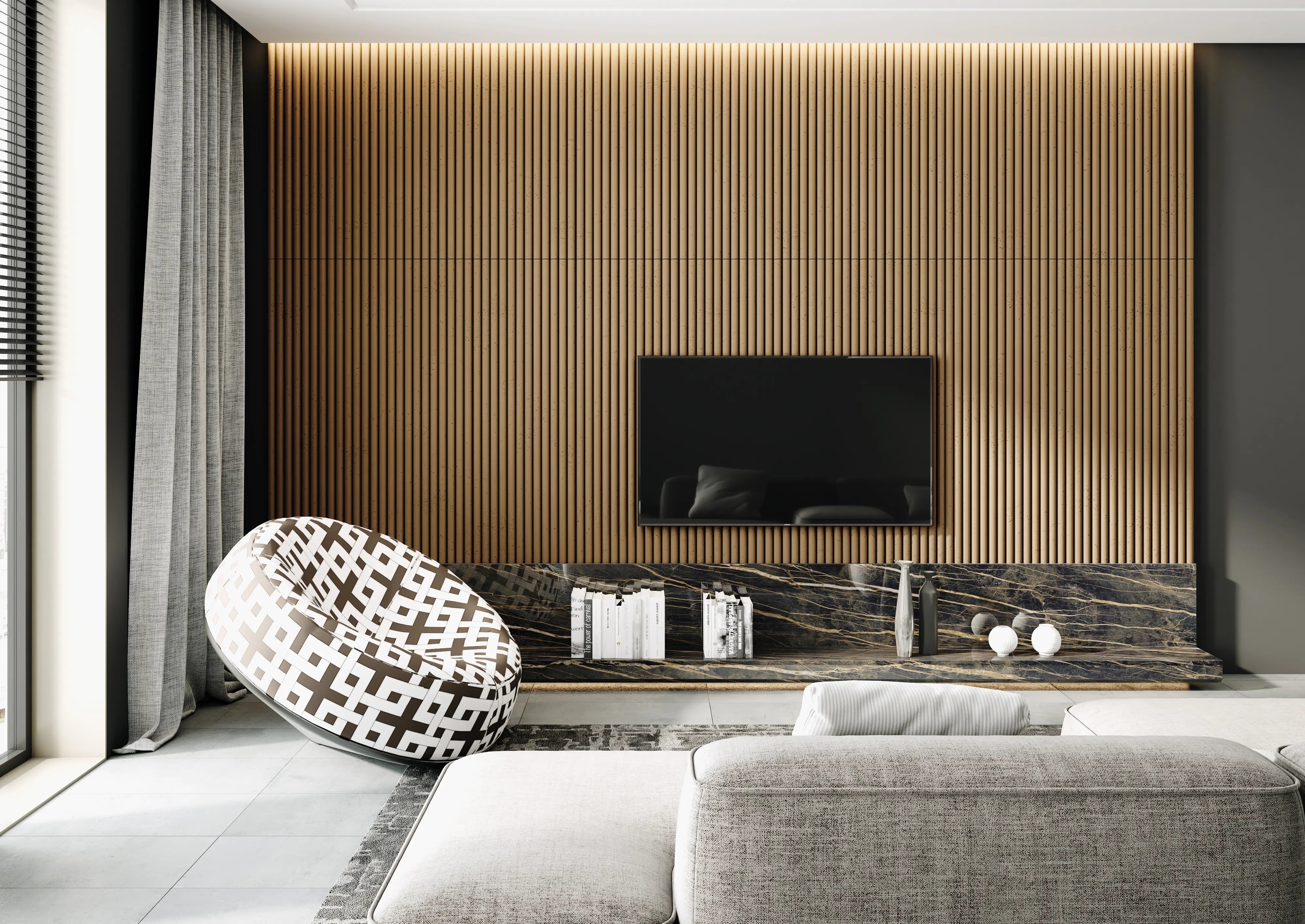3D Concrete Wall Panels in modern living room interior TUBES DecorMania UK