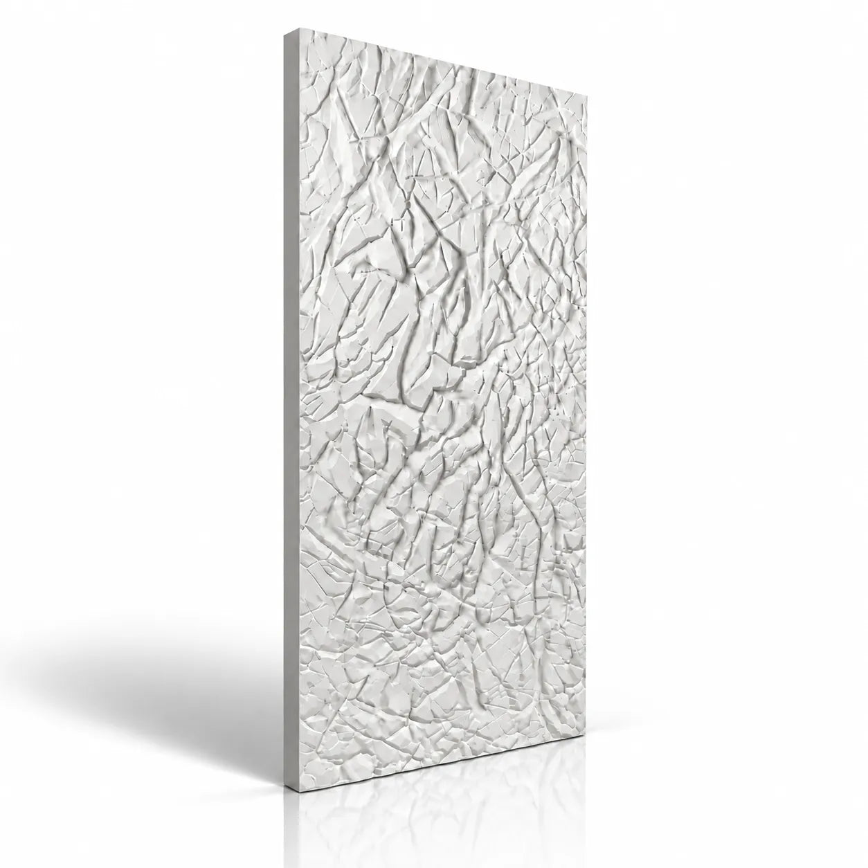 White decorative 3D gypsum wall panel with crumpled relief texture isolated on a light background