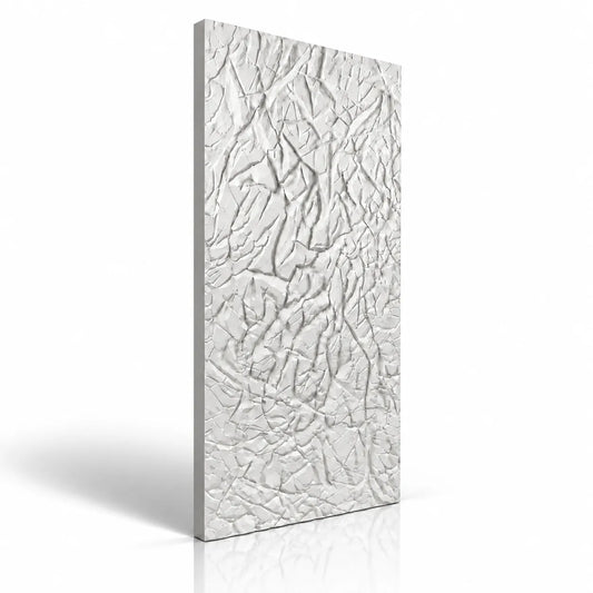 White decorative 3D gypsum wall panel with crumpled relief texture isolated on a light background