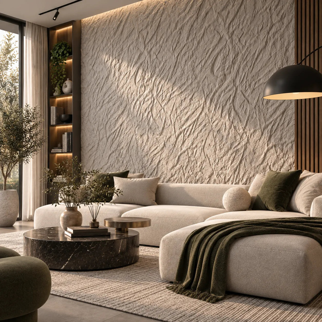 Decorative 3D gypsum wall panels with crumpled relief texture in a stylish modern living room, angled view