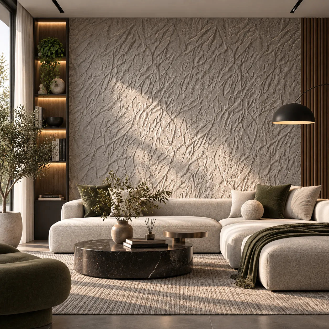Decorative 3D gypsum wall panels with textured crumpled relief in a warm modern living room, front view