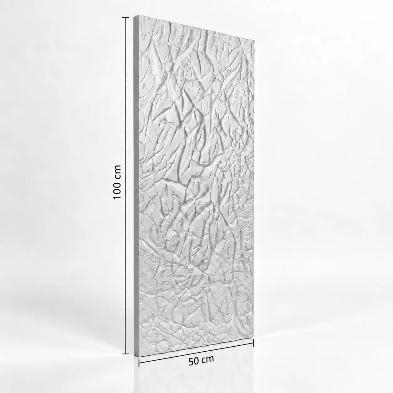 White decorative 3D gypsum wall panel with crumpled relief texture and dimensions 100 cm x 50 cm, isolated on a light background