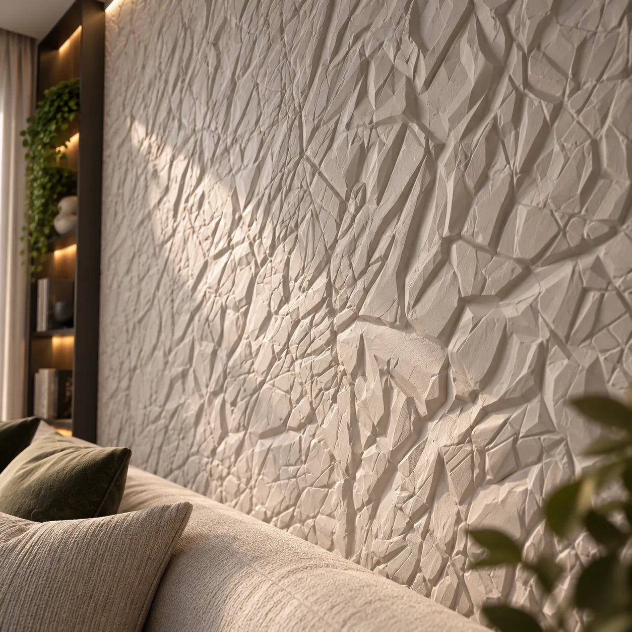 Close-up of decorative 3D gypsum wall panels showing crumpled relief texture and seamless wall installation
