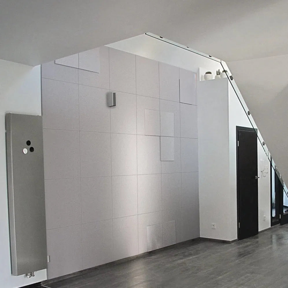 3D Wall Panel - DOUBLE SQUARE - Gypsum panels with subtle square relief patterns in a minimalist modern interior | DecorMania UK