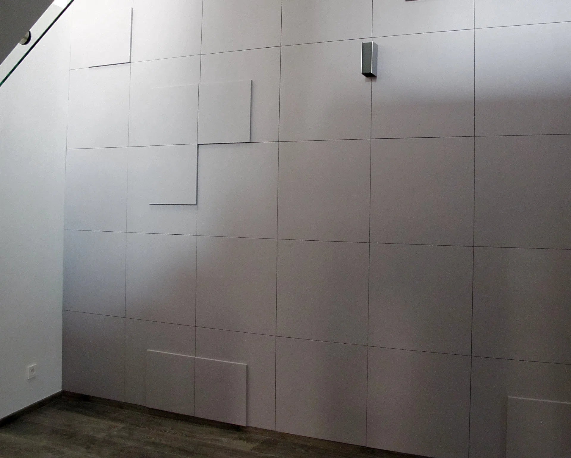 3D Wall Panel - DOUBLE SQUARE - 3D Wall Panel Geometry – Close-up of gypsum panels with subtle square relief patterns in a minimalist modern interior | DecorMania UK