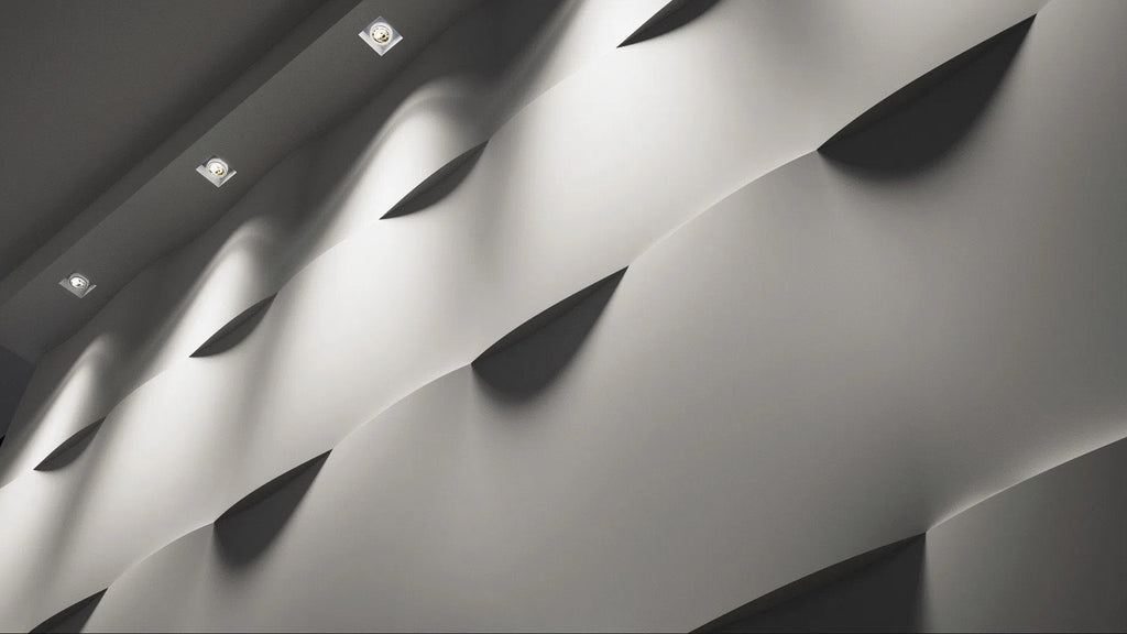 3D Wall Panel - FLUTTER - Close-up of a gypsum panel with a flowing wave pattern and dramatic lighting effects | DecorMania UK