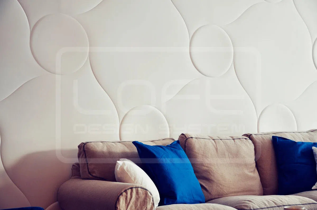 3D Wall Panel - QUILTED - 3D Wall Panel Bubbles – Gypsum panels with an organic circular pattern used as a modern accent wall in a cozy living room | DecorMania UK