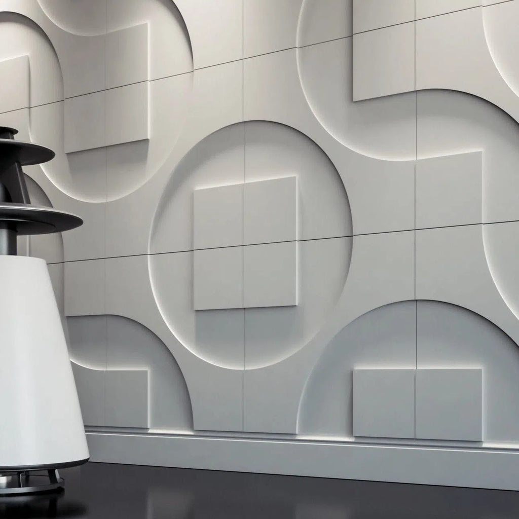 3D Wall Panel - ROUND & SQUARE -  Gypsum panels with circular and square relief patterns in a modern interior | DecorMania UK