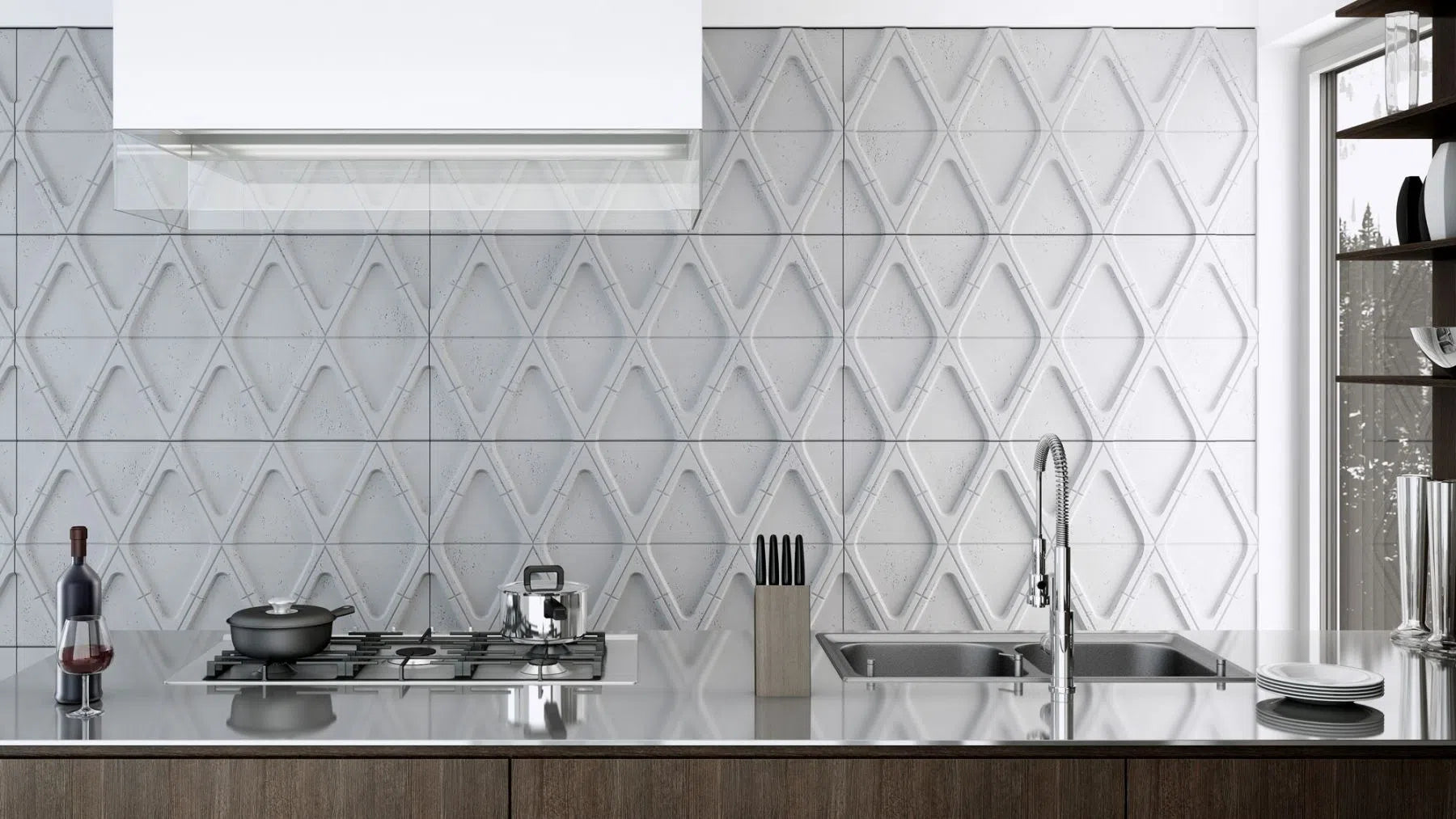3D Concrete Wall Panels DIAMONDS in modern kitchen | DecorMania UK