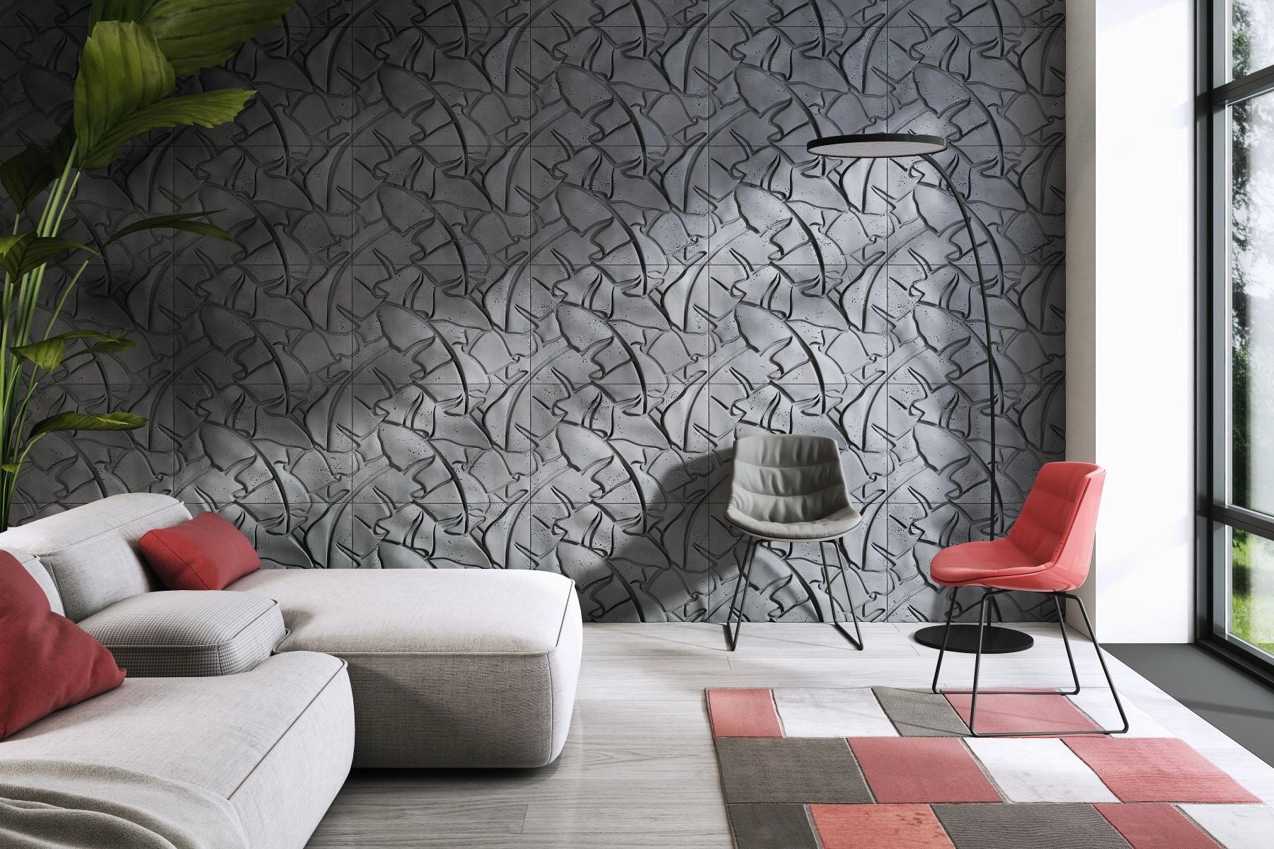 3D Concrete Wall Panels LEAF feature wall in living room interior Decormania UK