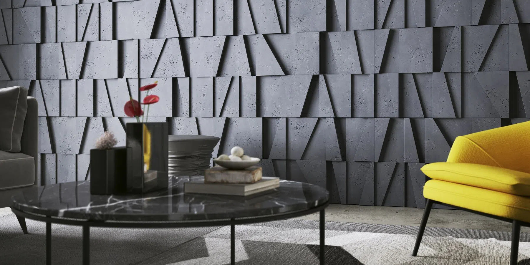 Concrete 3D Concrete Wall Panels BOOKCASE in a living room  | DecorMania UK