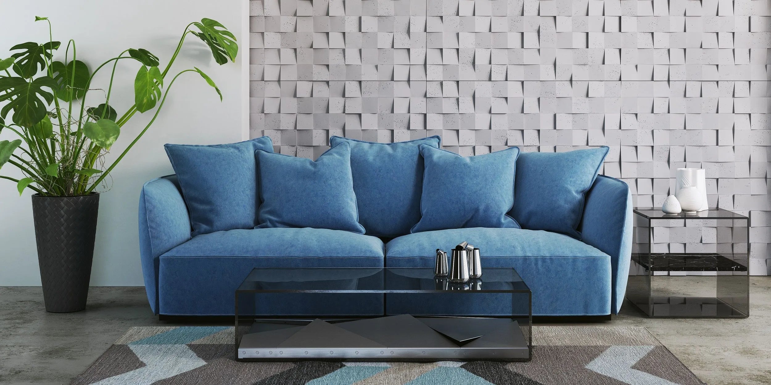 3D Concrete Wall Panels MULTISQUARES feature wall in living room interior Decormania UK