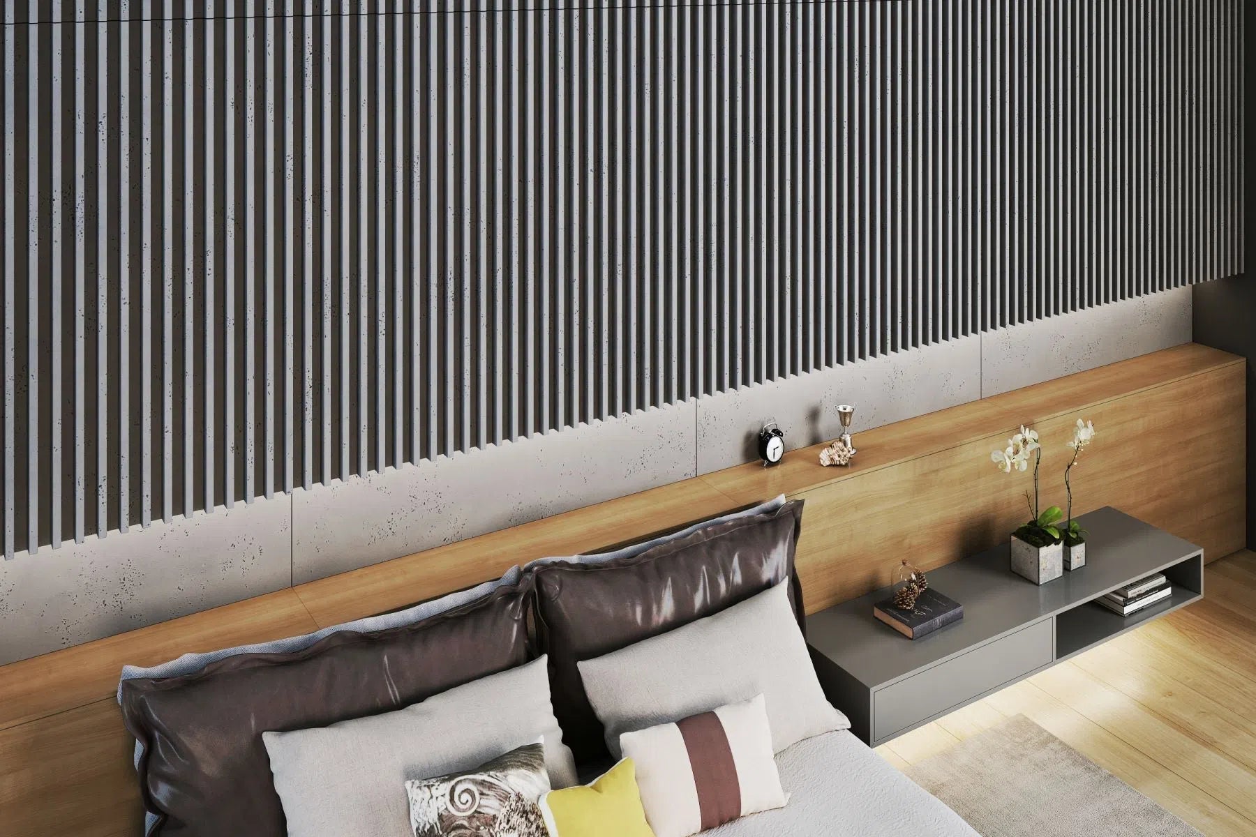 3D Concrete Wall Panels RIFT S in a modern bedroom | DecorMania UK