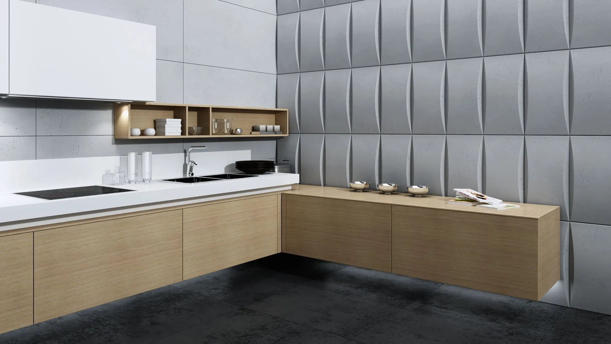 3D Concrete Wall Panels block feature wall in KITCHEN interior Decormania UK