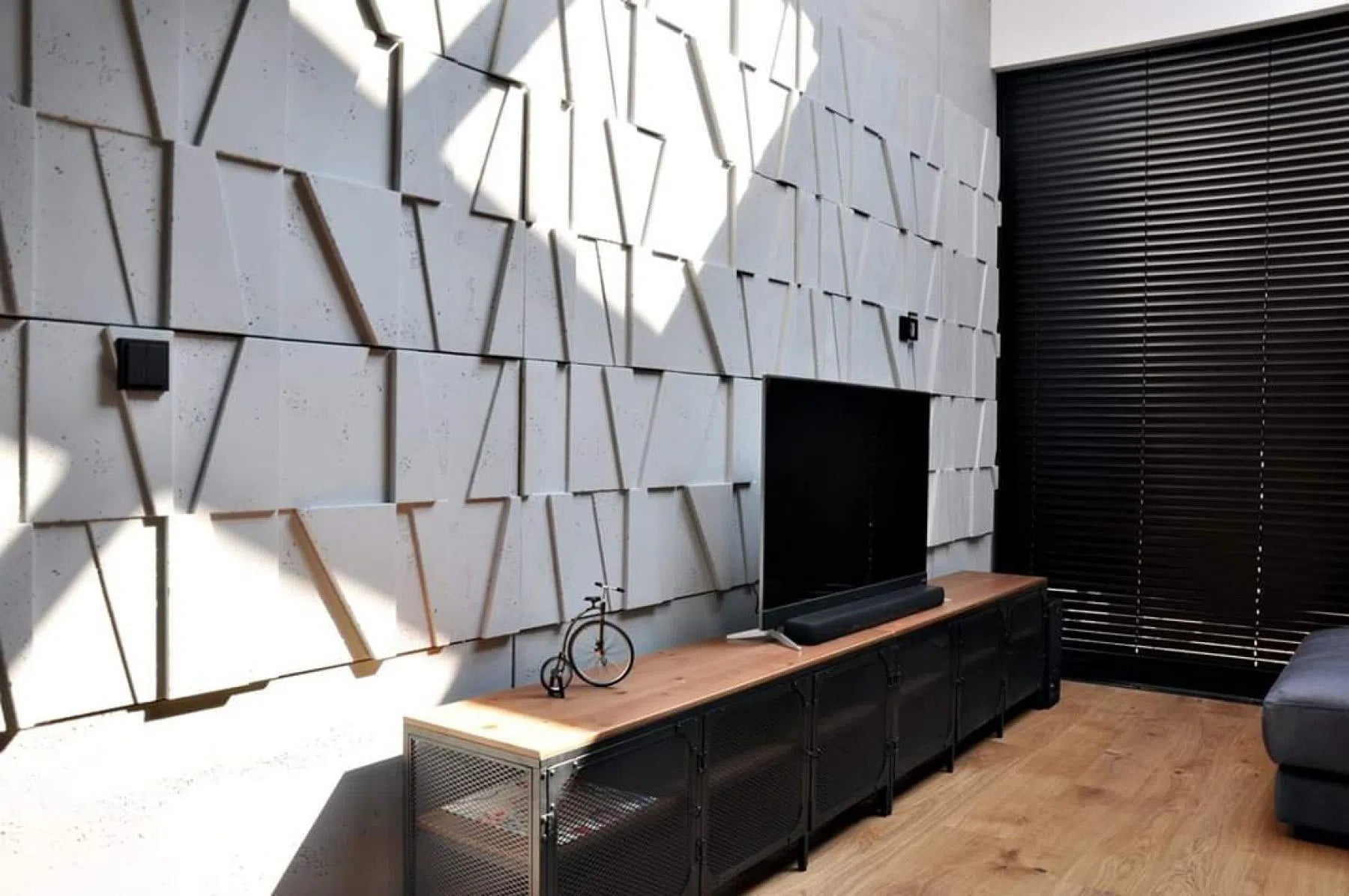 Concrete 3D Concrete Wall Panels BOOKCASE in a living room  | DecorMania UK