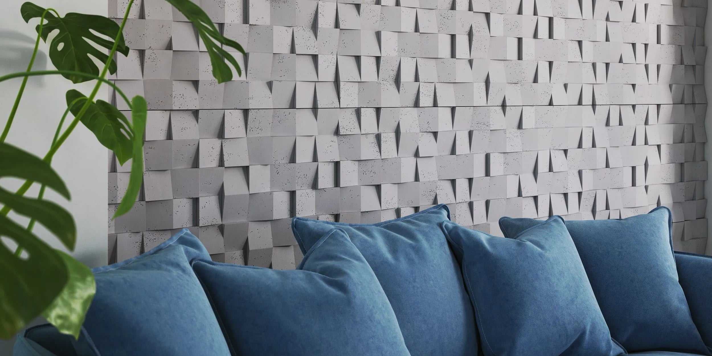 3D Concrete Wall Panels MULTISQUARES feature wall in living room interior Decormania UK