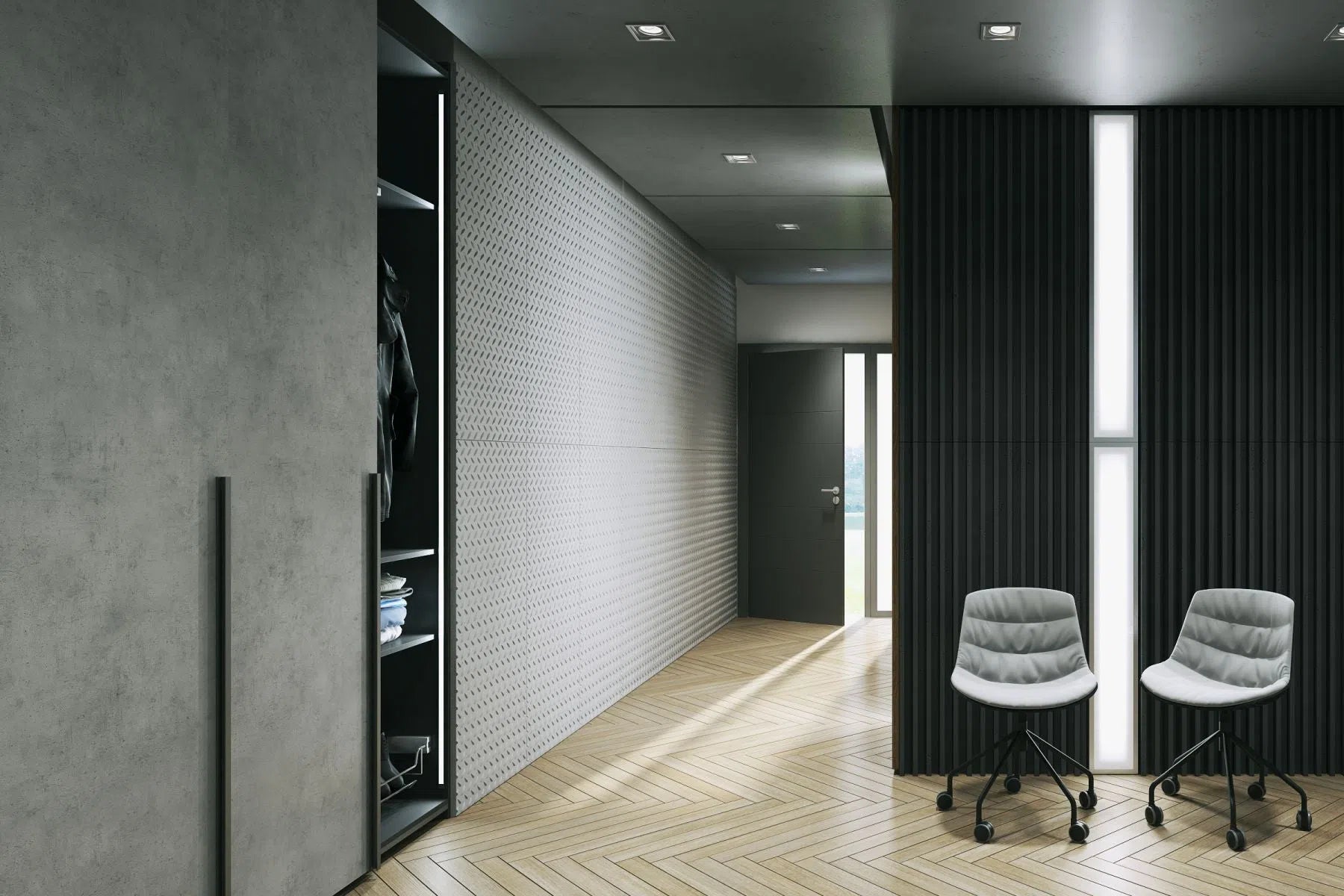3D Concrete Wall Panels STEEL SHEET in a modern hallway | DecorMania UK